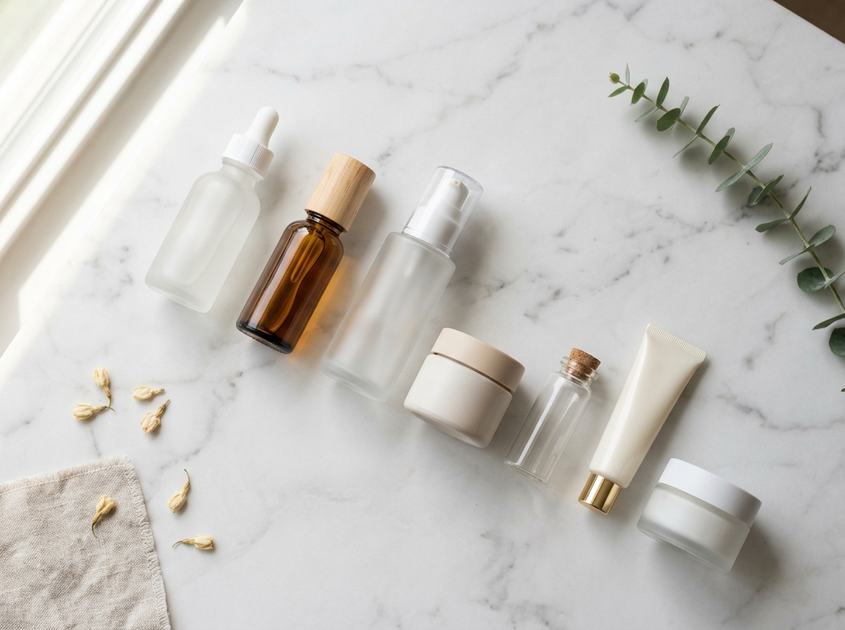 Minimalist flat-lay of skincare bottles arranged in order on a white marble surface