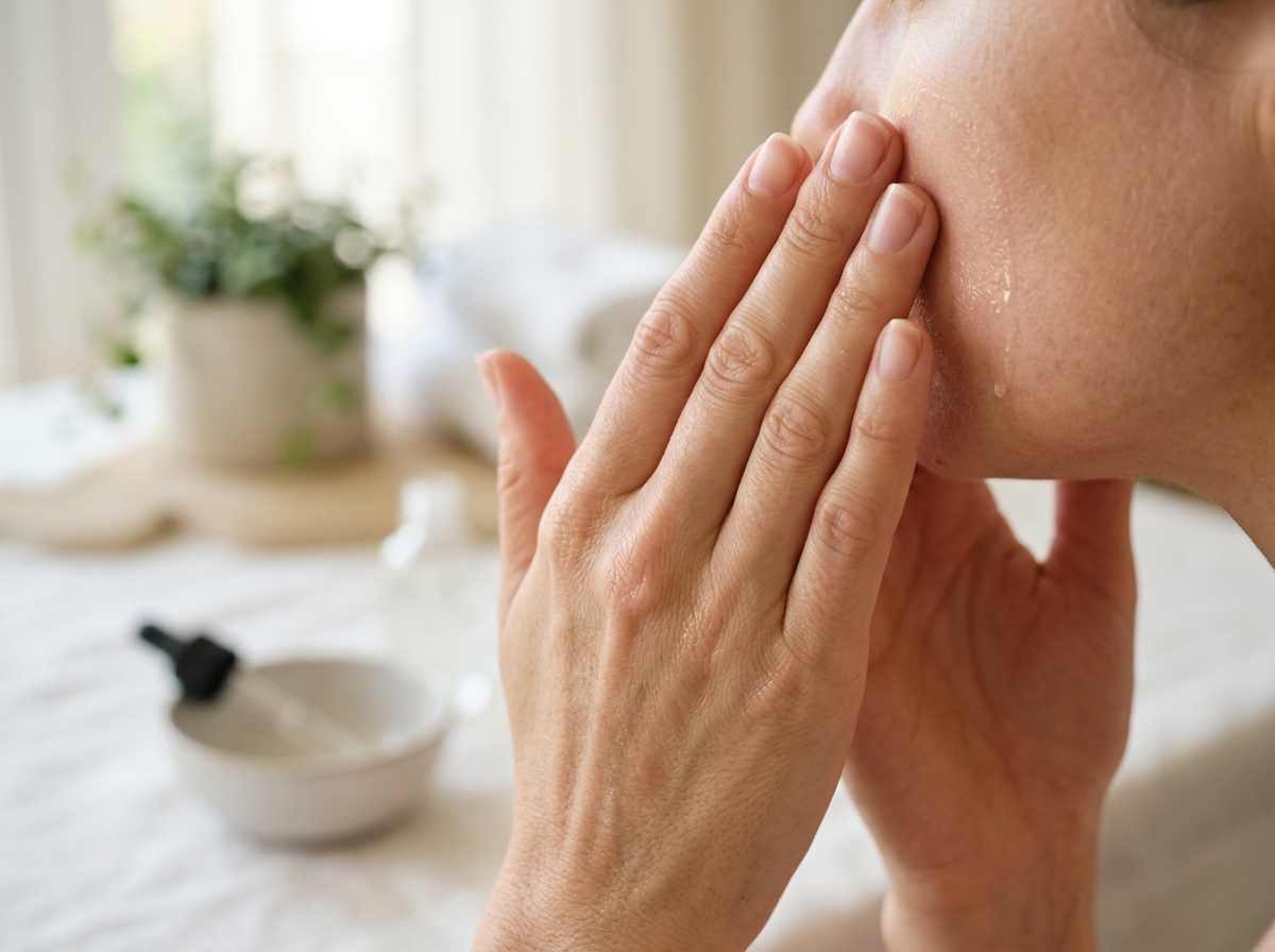 Hands applying skincare product with gentle patting motion