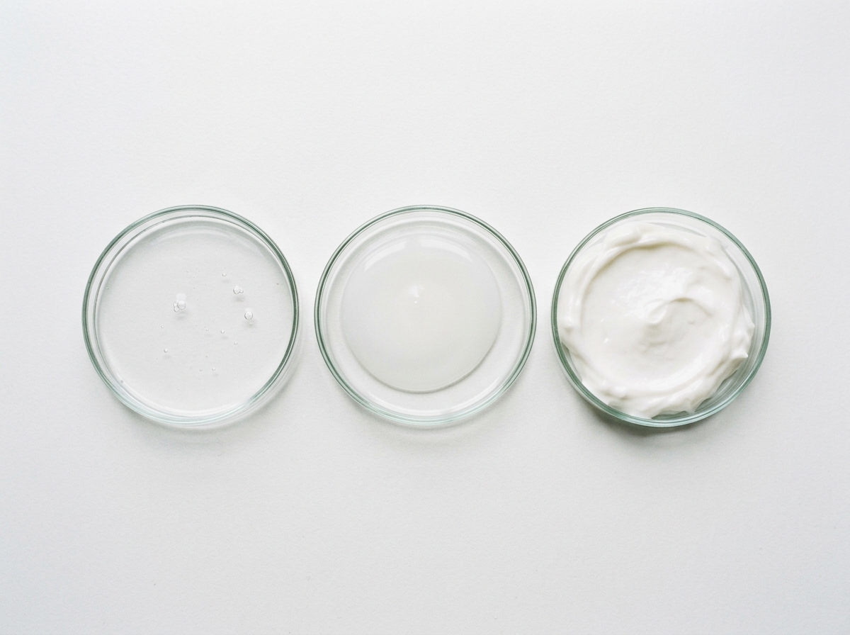 Layered skincare textures from thin to thick consistency